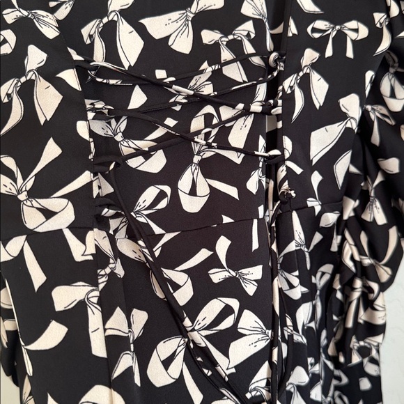For Love & Lemons Angelica Bow Print Puff Ruched Sleeve Button Front Dress sz M - Picture 5 of 10